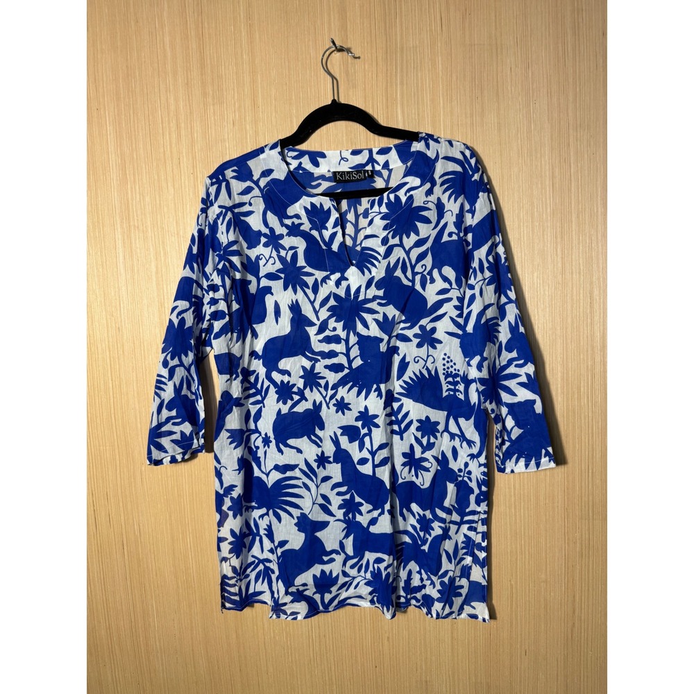 KikiSol Blue White Otomi Animal Print Cotton Tunic Top Beach Blouse Womens S